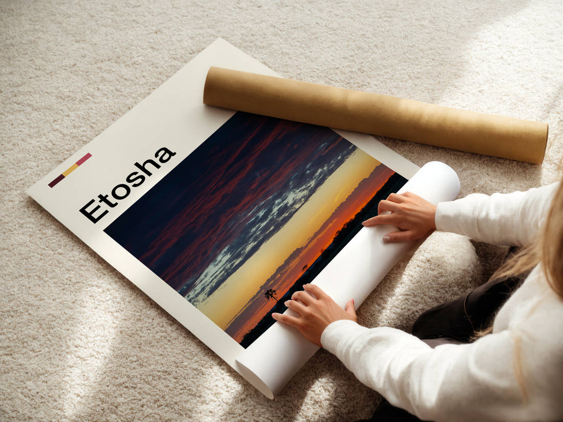 Etosha Dramatic Sunset Sky Travel Print being unrolled from its postal tube