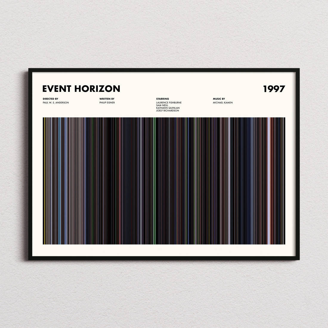 Event Horizon Movie Barcode Poster framed and photographed straight on