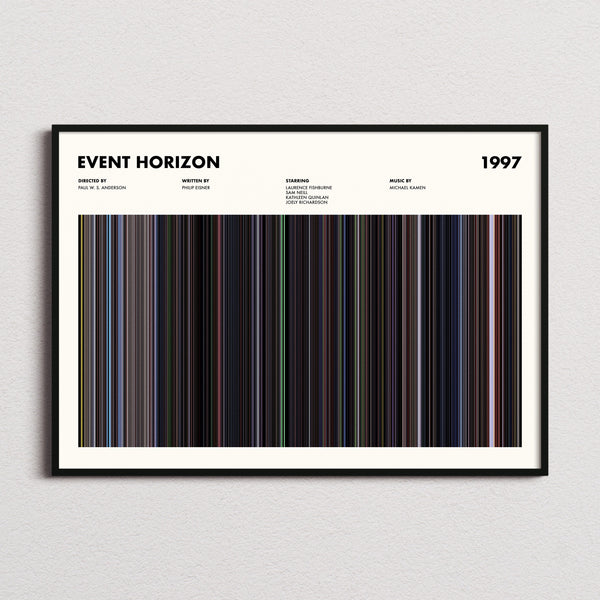 Event Horizon Movie Barcode Poster framed and photographed straight on