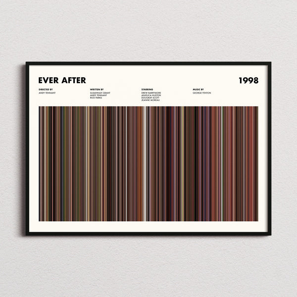 Ever After Movie Barcode Poster framed and photographed straight on