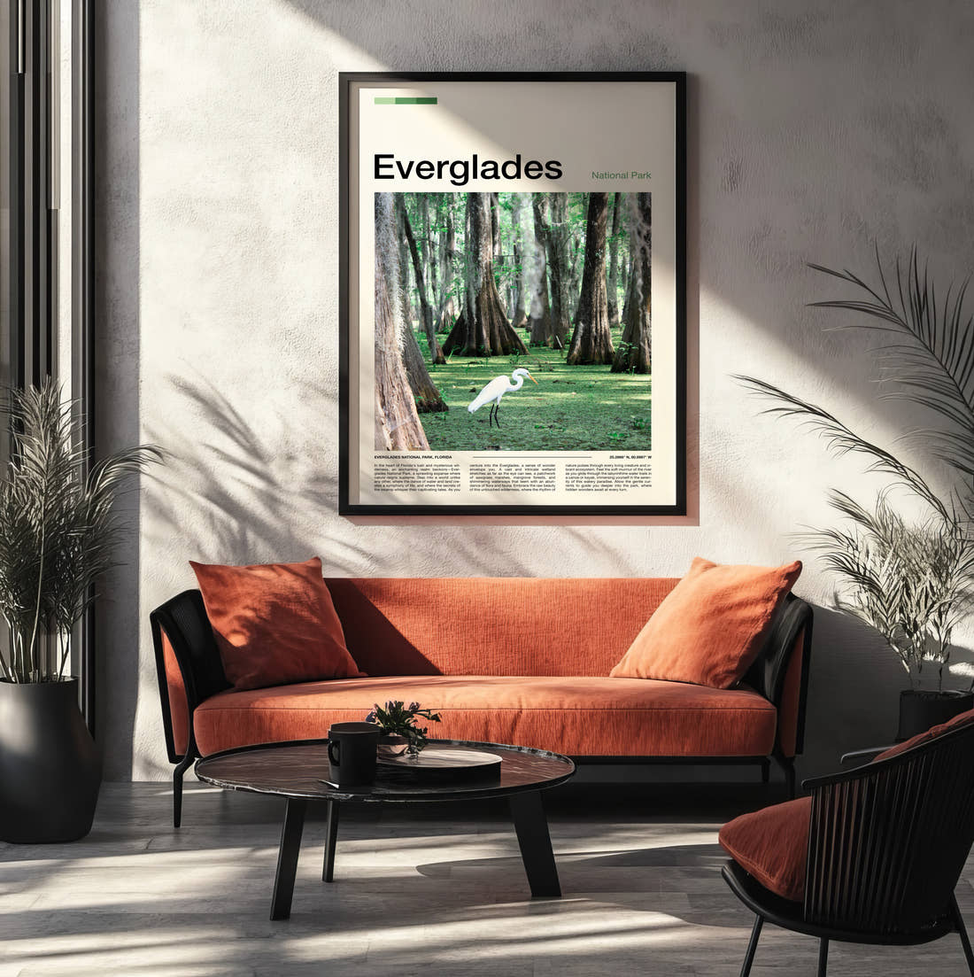 Everglades White Egret Travel Print framed on the wall of a modern living room
