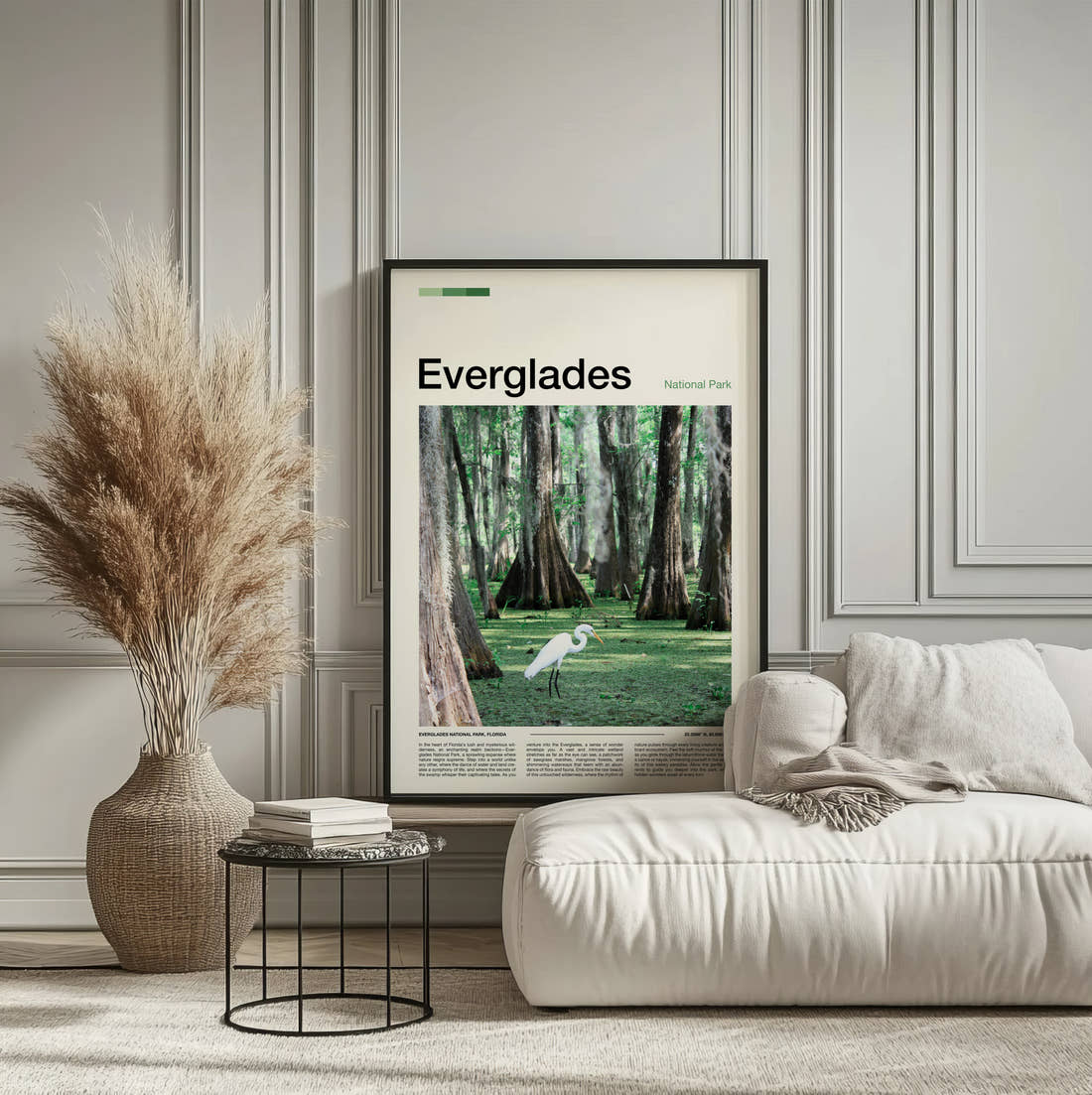 Everglades White Egret Travel Print framed on the wall of a calm, neutral bedroom