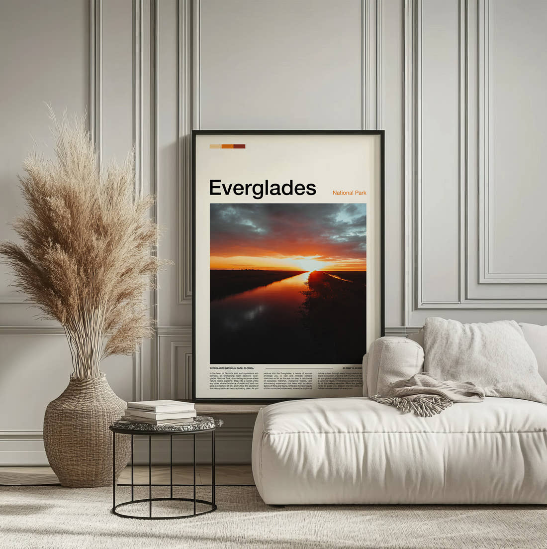Everglades Sunset Over Water Travel Print framed on the wall of a calm, neutral bedroom