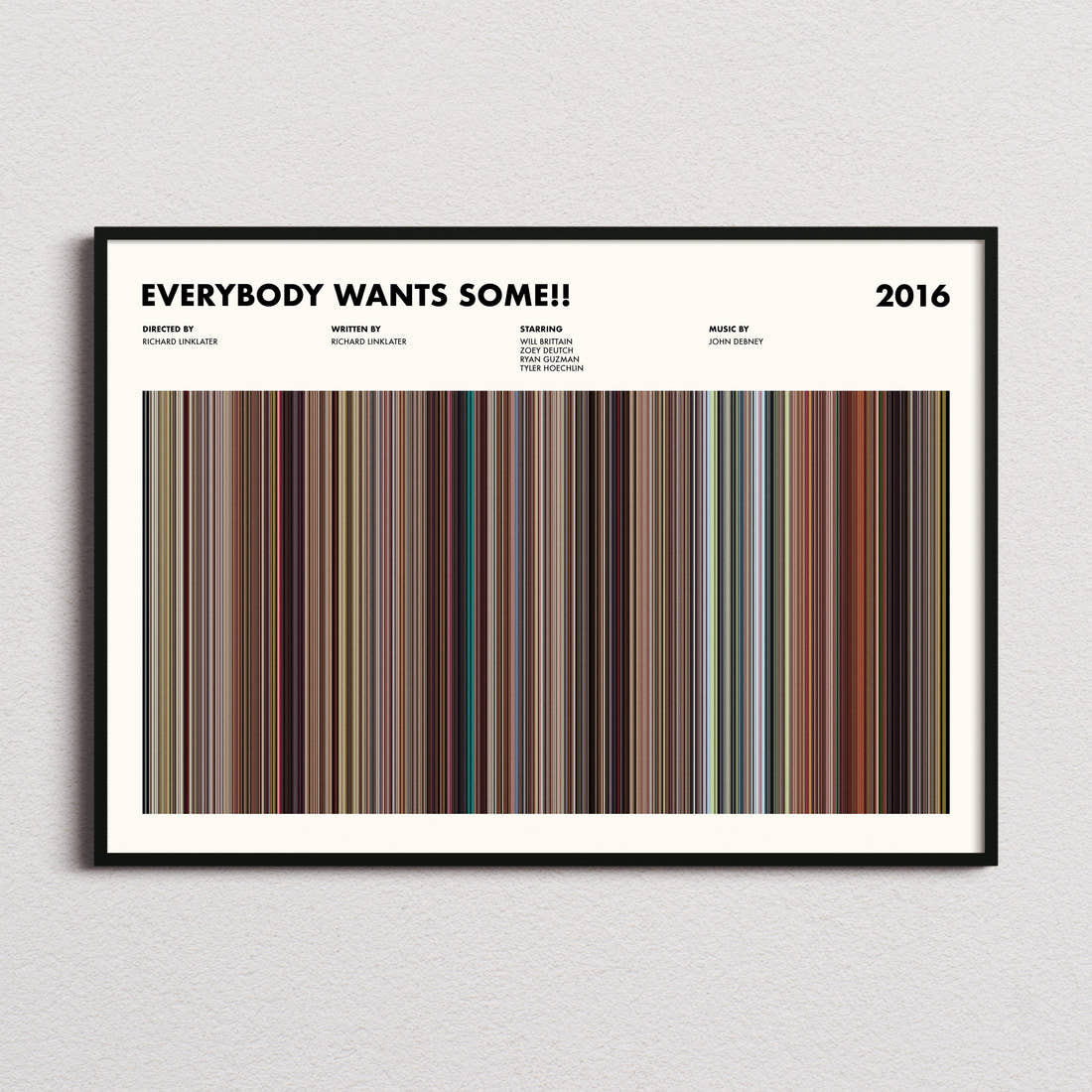 Everybody Wants Some!! Movie Barcode Poster framed and photographed straight on
