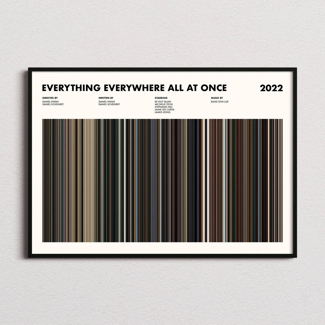Everything Everywhere All At Once Movie Barcode Poster framed and photographed straight on