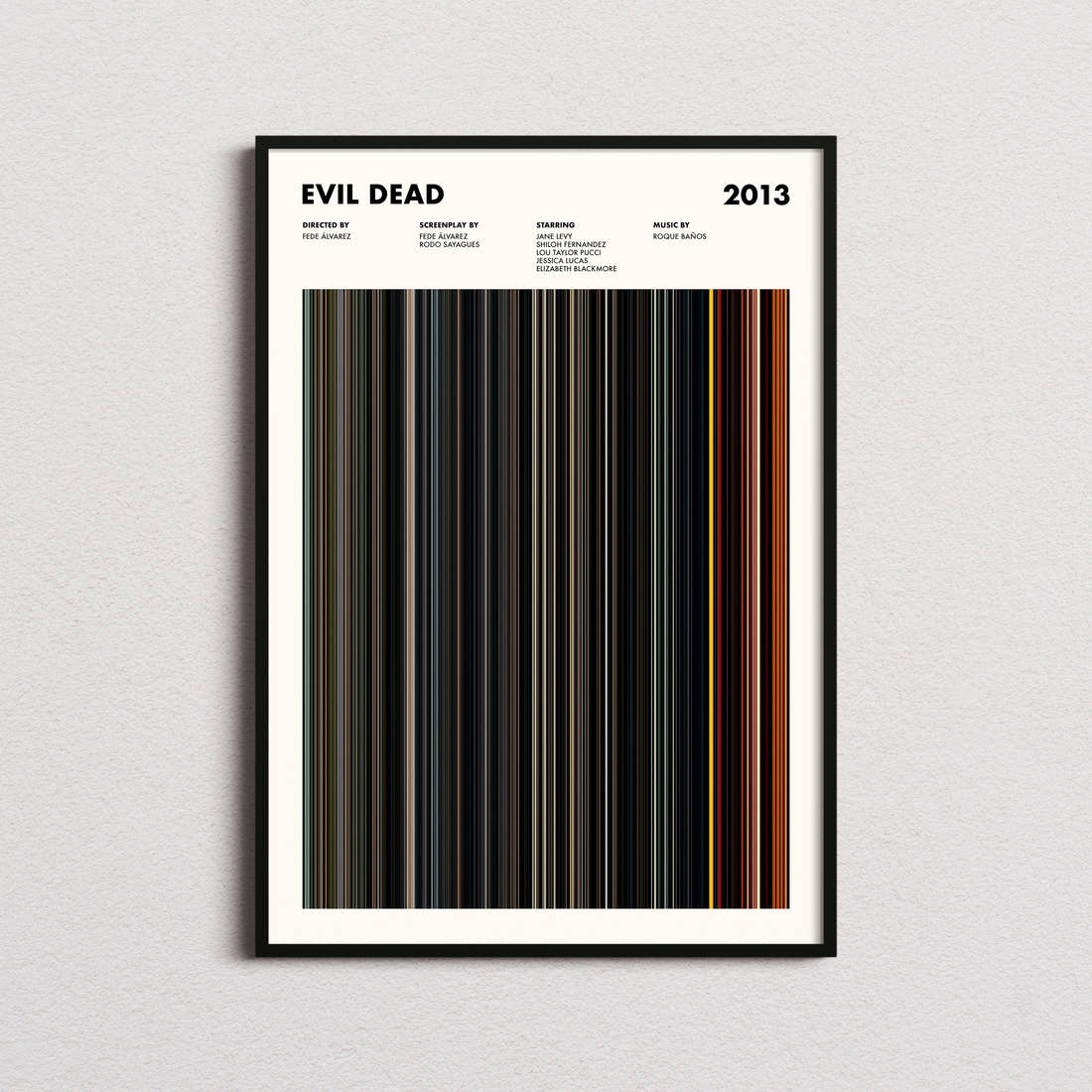 Evil Dead Movie Barcode Poster framed on a plain studio wall
