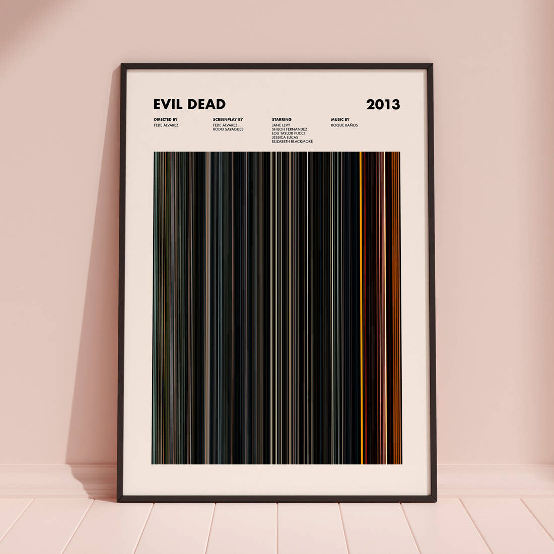 Evil Dead Movie Barcode Poster framed and leaning against a coloured wall