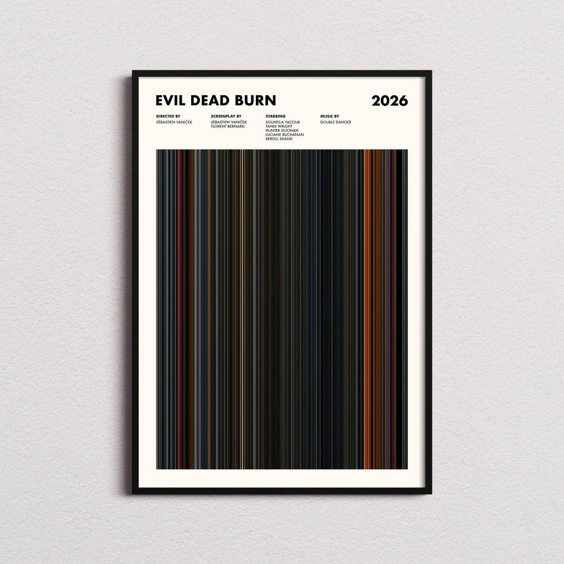 Evil Dead Burn Movie Barcode Poster framed on a plain studio wall