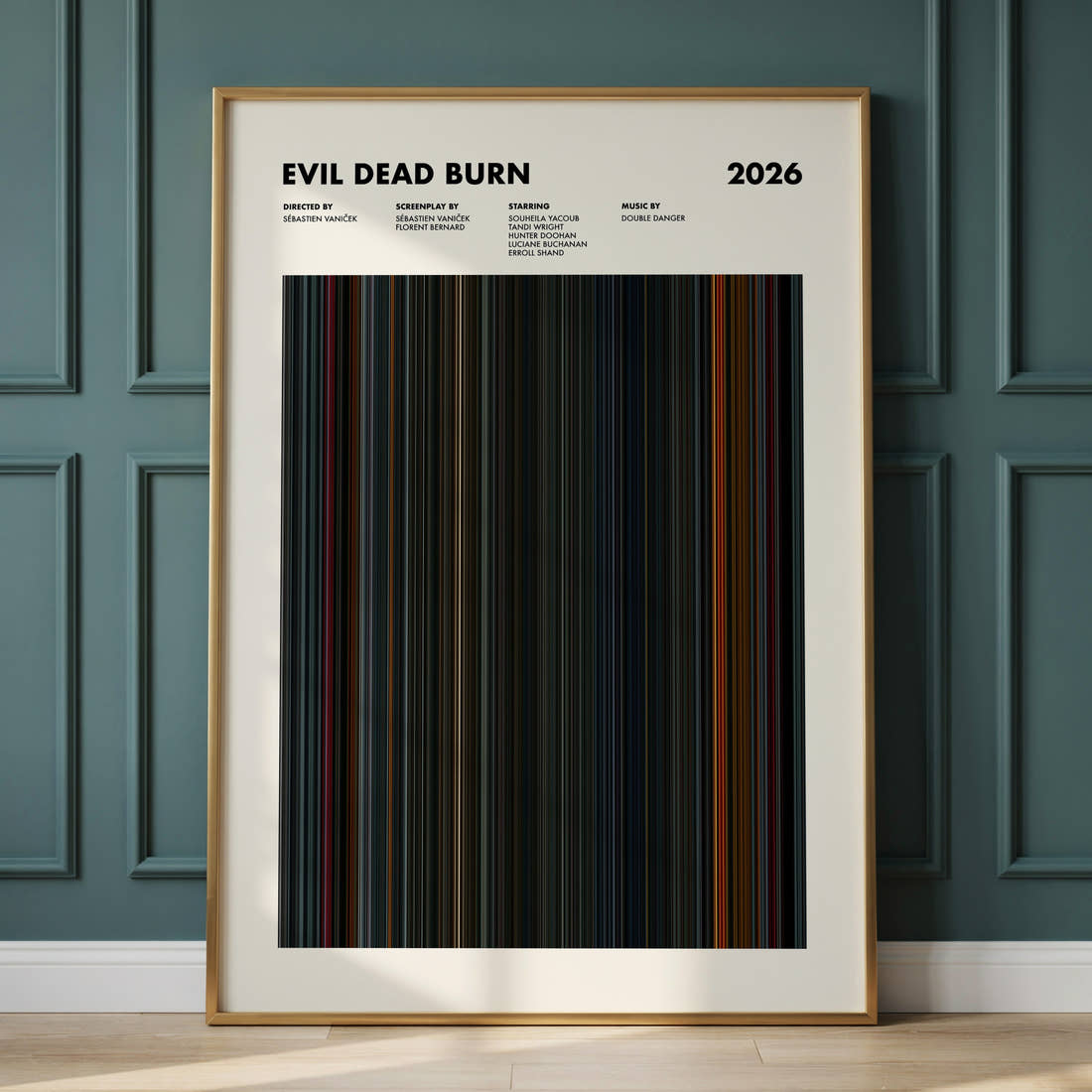Evil Dead Burn Movie Barcode Poster framed and leaning against a panelled wall