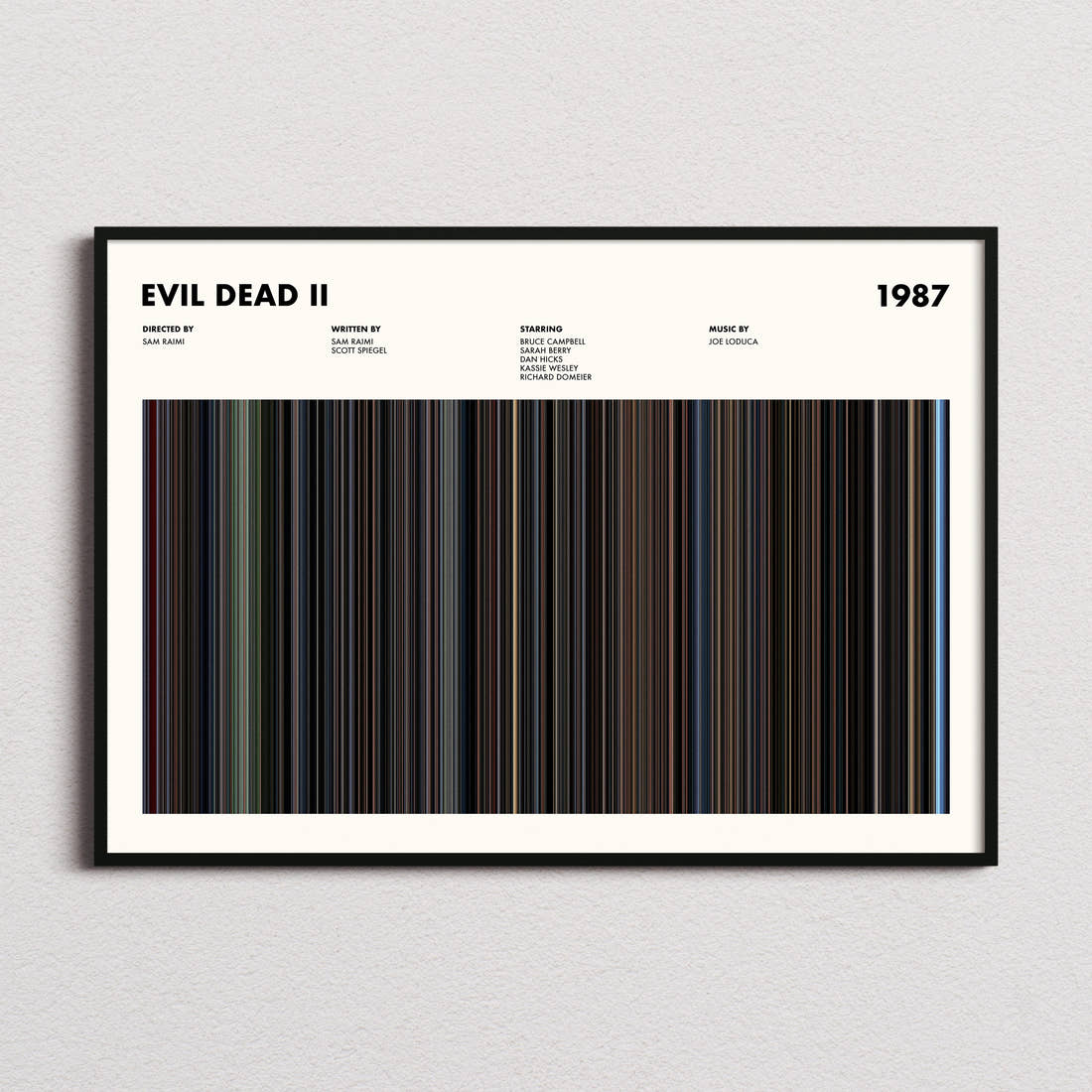 Evil Dead II Movie Barcode Poster framed and photographed straight on