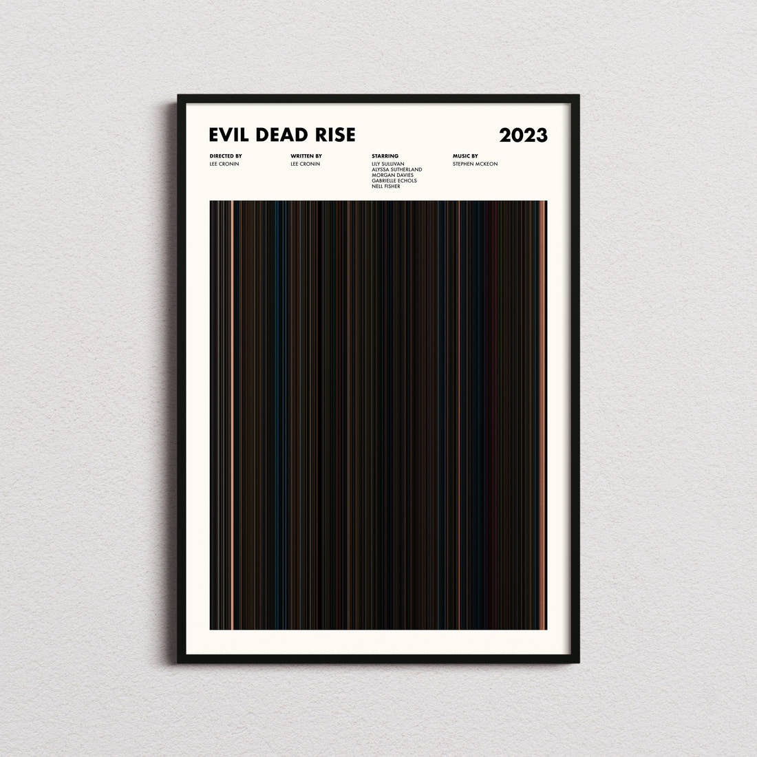 Evil Dead Rise Movie Barcode Poster framed on a plain studio wall