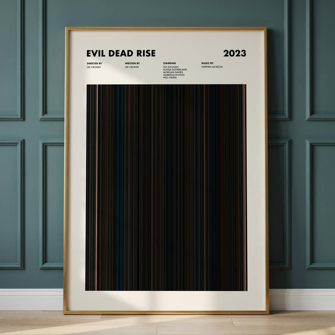 Evil Dead Rise Movie Barcode Poster framed and leaning against a panelled wall