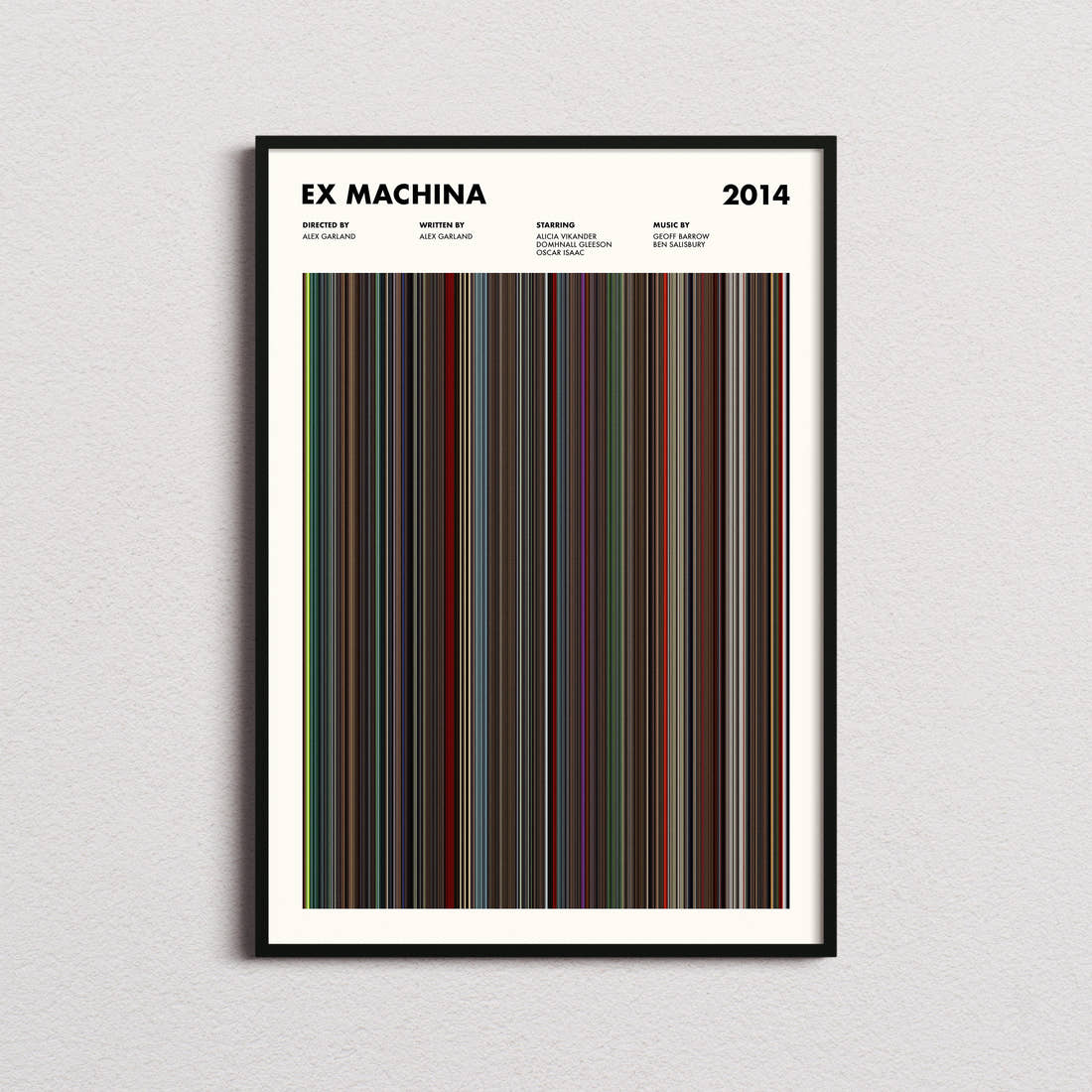 Ex Machina Movie Barcode Poster framed on a plain studio wall