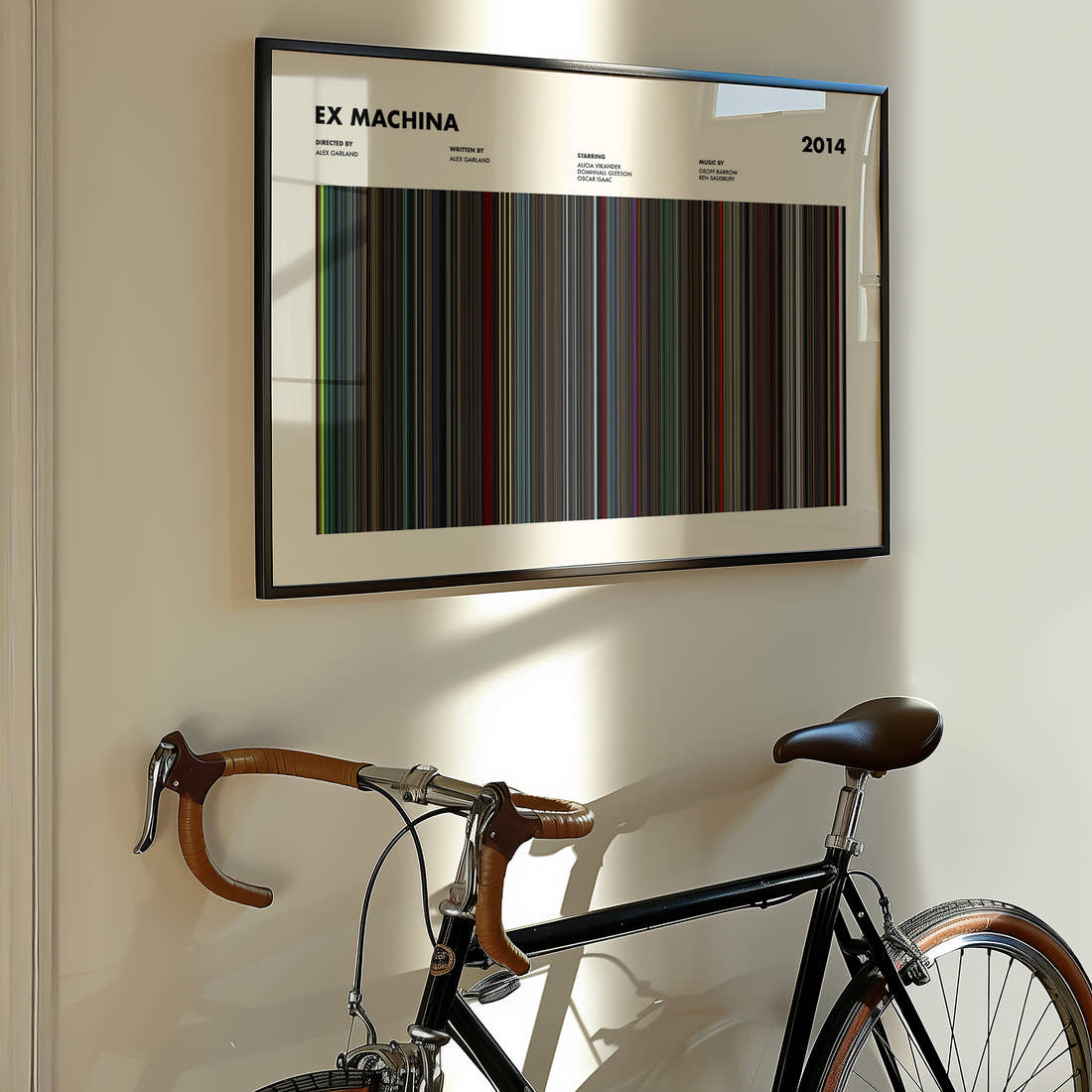 Ex Machina Movie Barcode Poster framed on the wall of a styled room setting