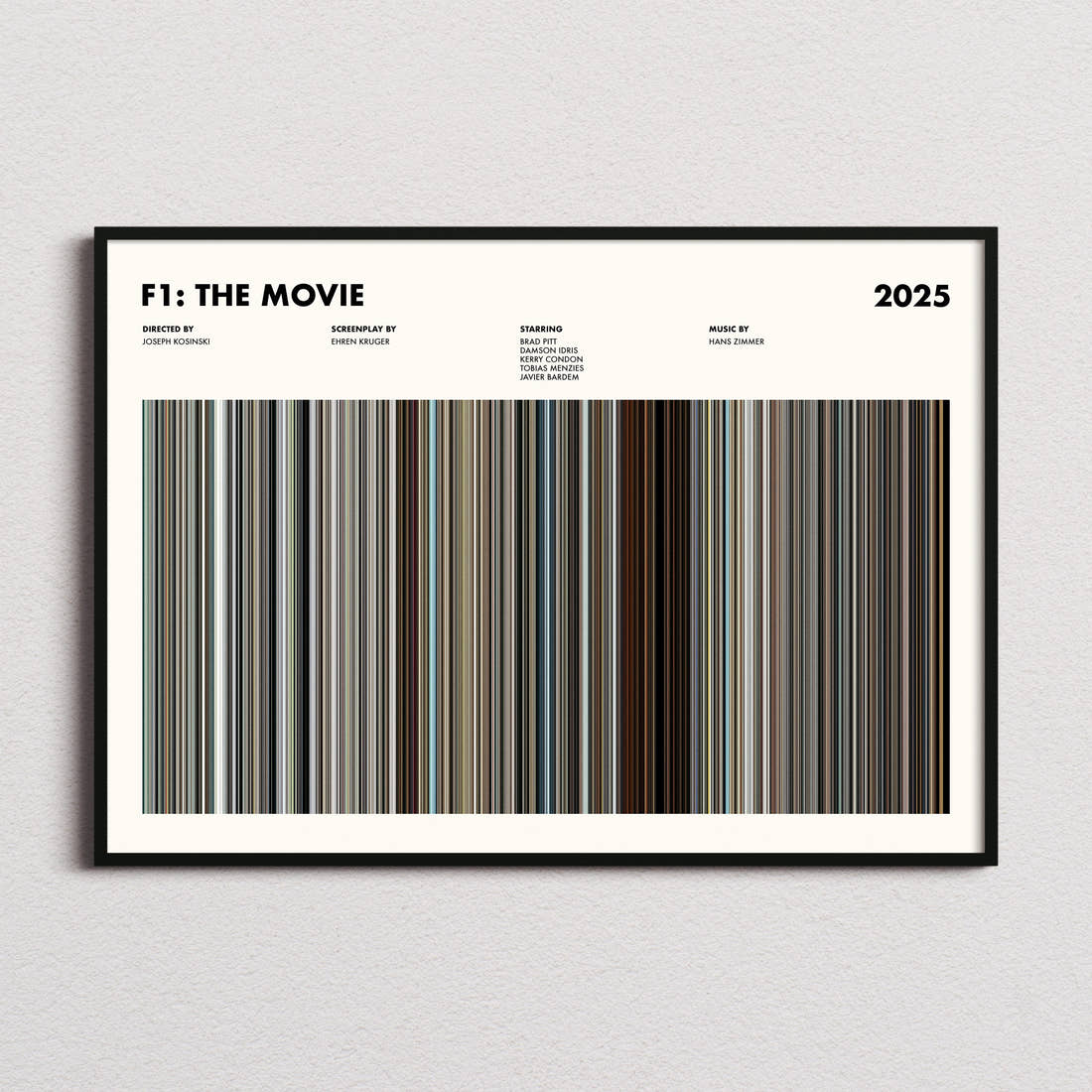 F1: The Movie Movie Barcode Poster framed and photographed straight on