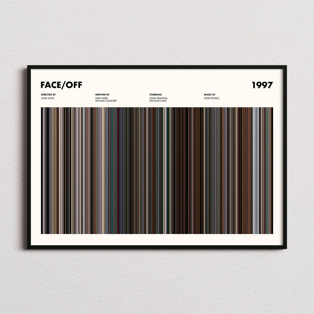 Face/Off Movie Barcode Poster framed and photographed straight on