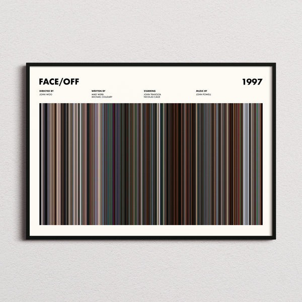 Face/Off Movie Barcode Poster framed and photographed straight on