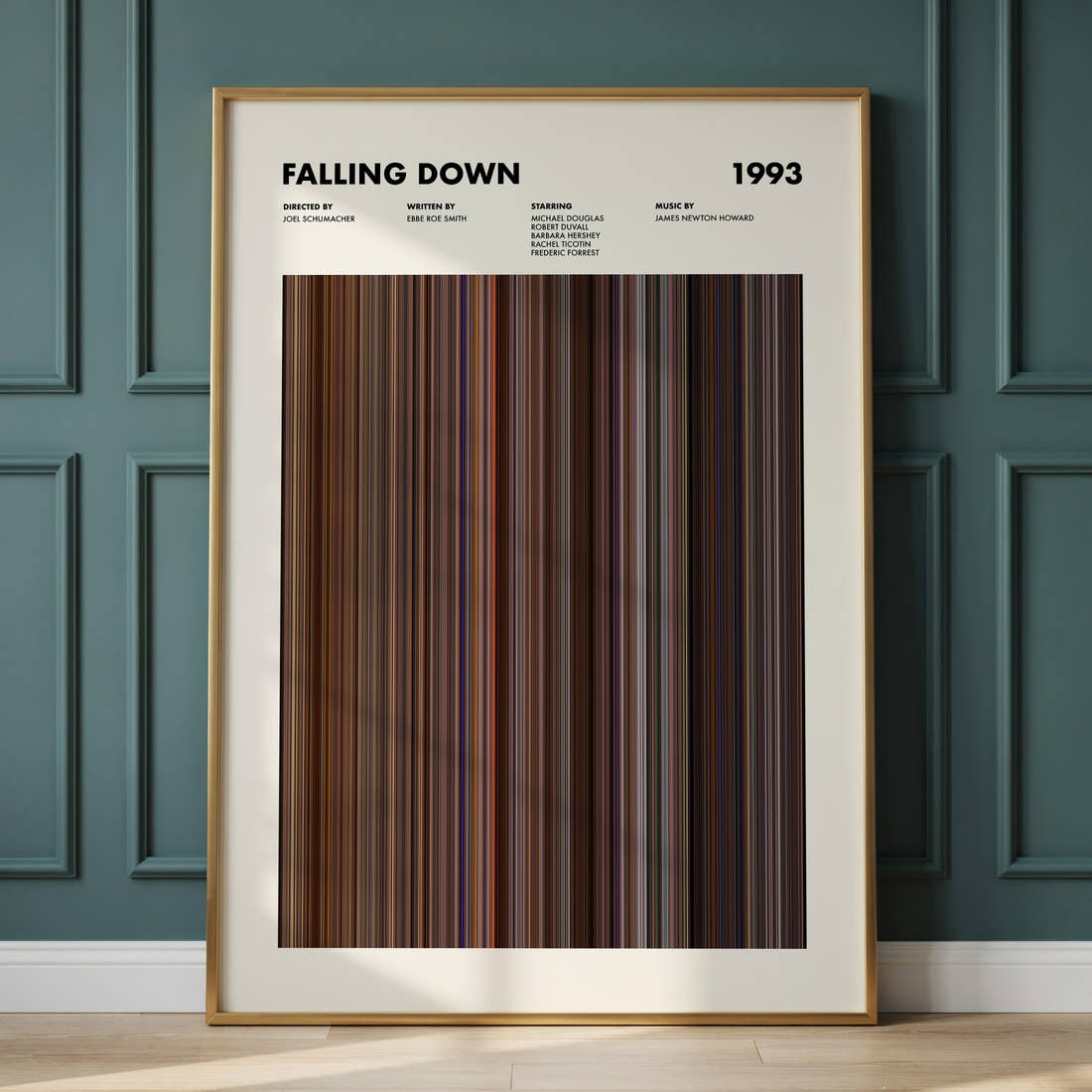 Falling Down Movie Barcode Poster framed and leaning against a panelled wall