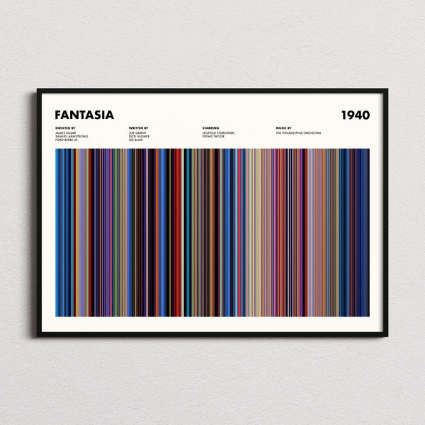 Fantasia Movie Barcode Poster framed and photographed straight on
