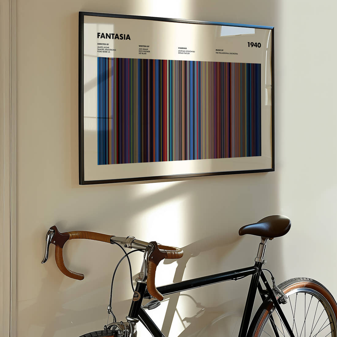 Fantasia Movie Barcode Poster framed on the wall of a styled room setting
