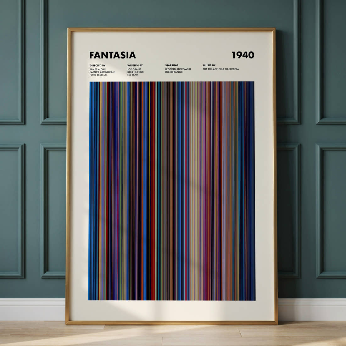 Fantasia Movie Barcode Poster framed and leaning against a panelled wall