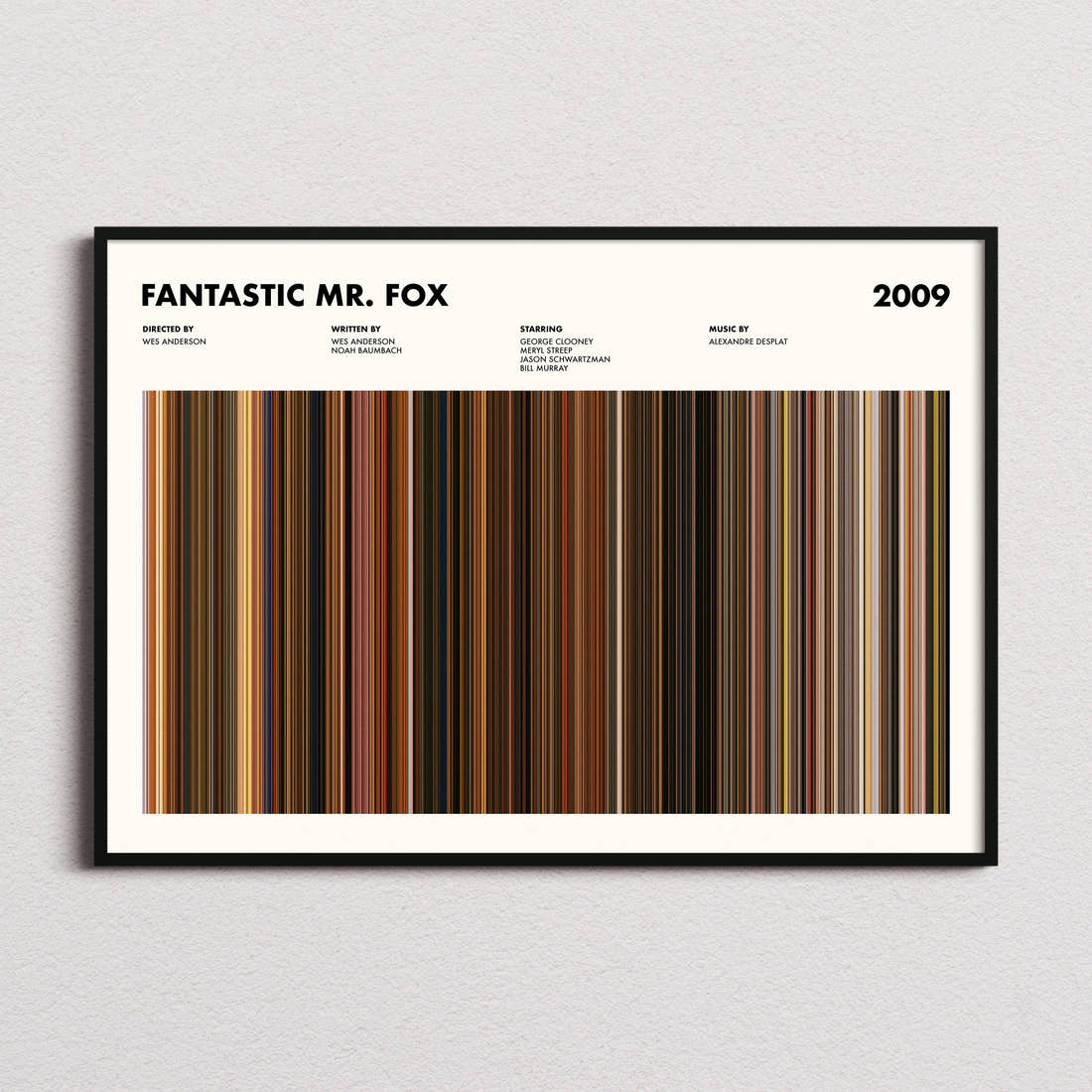 Fantastic Mr. Fox Movie Barcode Poster framed and photographed straight on