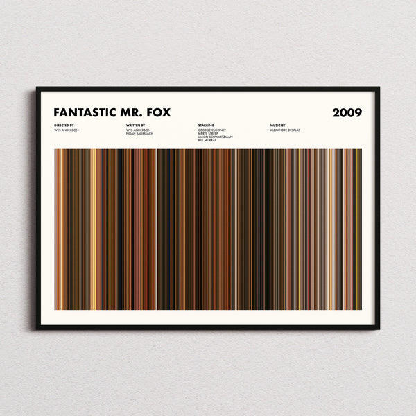 Fantastic Mr. Fox Movie Barcode Poster framed and photographed straight on