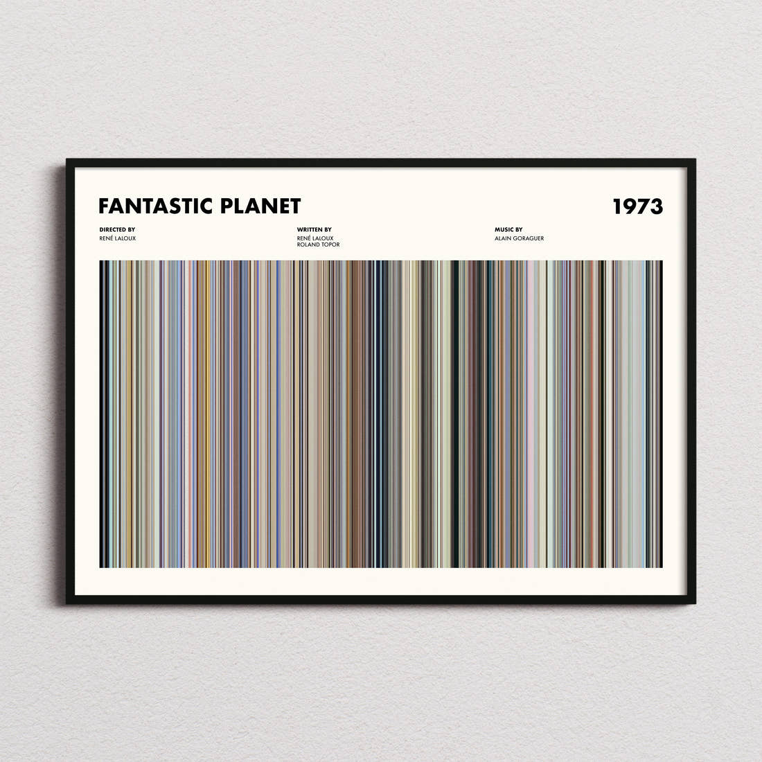 Fantastic Planet Movie Barcode Poster framed and photographed straight on