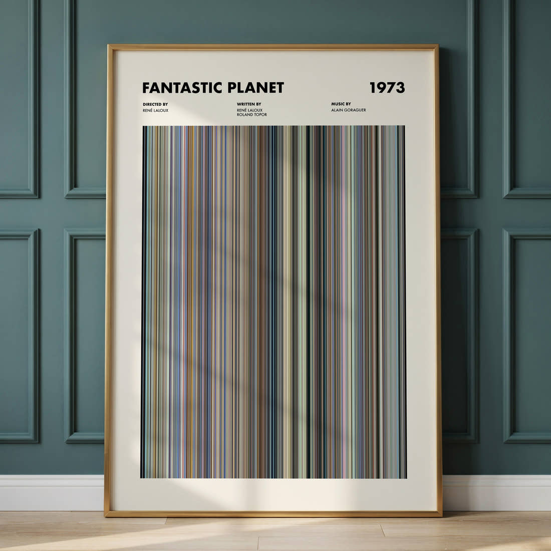 Fantastic Planet Movie Barcode Poster framed and leaning against a panelled wall
