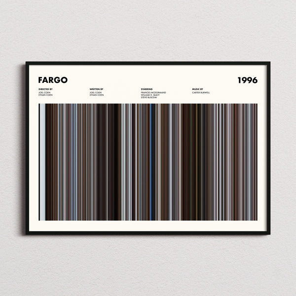 Fargo Movie Barcode Poster framed and photographed straight on