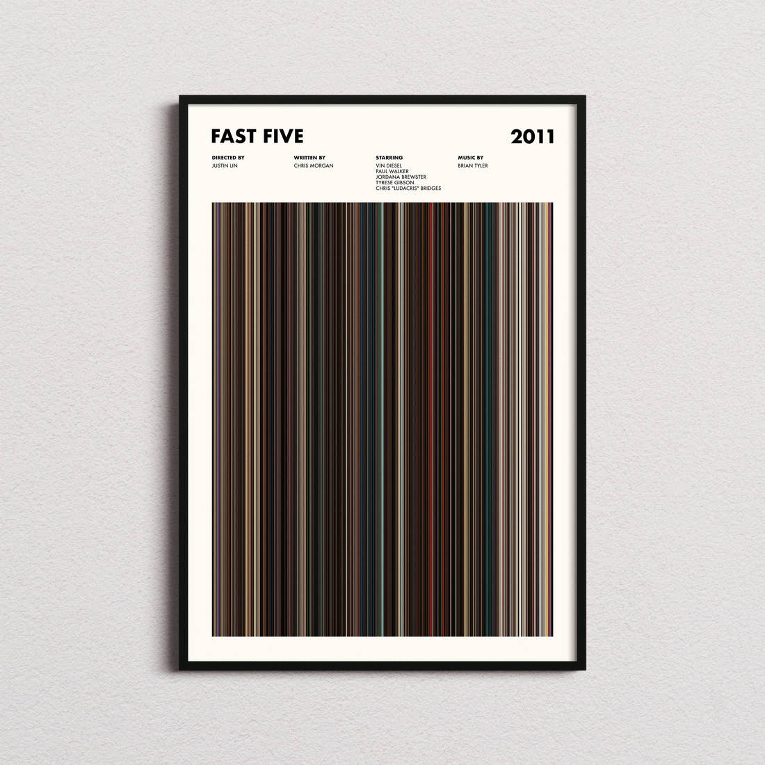 Fast Five Movie Barcode Poster framed on a plain studio wall