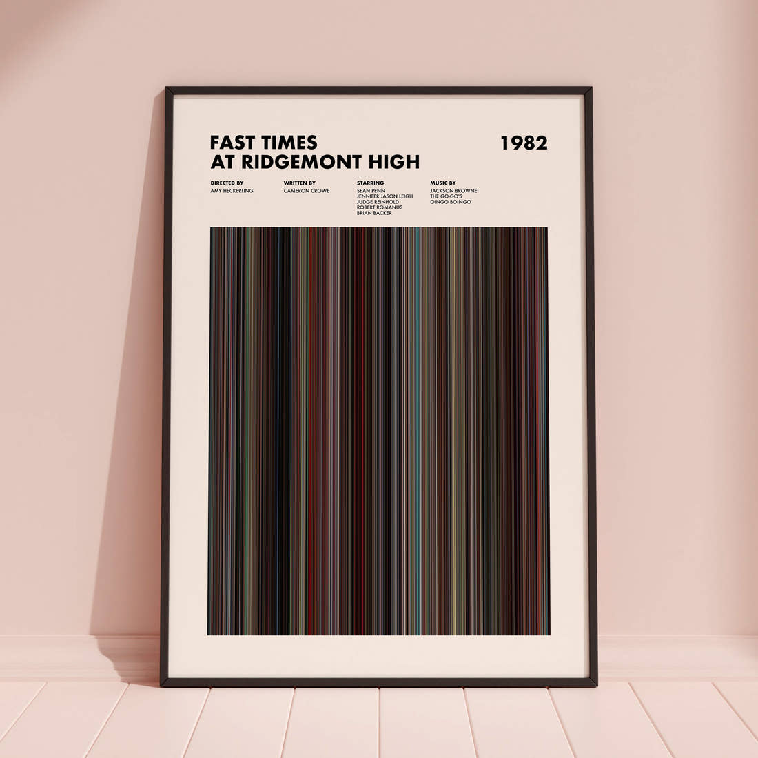 Fast Times At Ridgemont High Movie Barcode Poster framed and leaning against a coloured wall