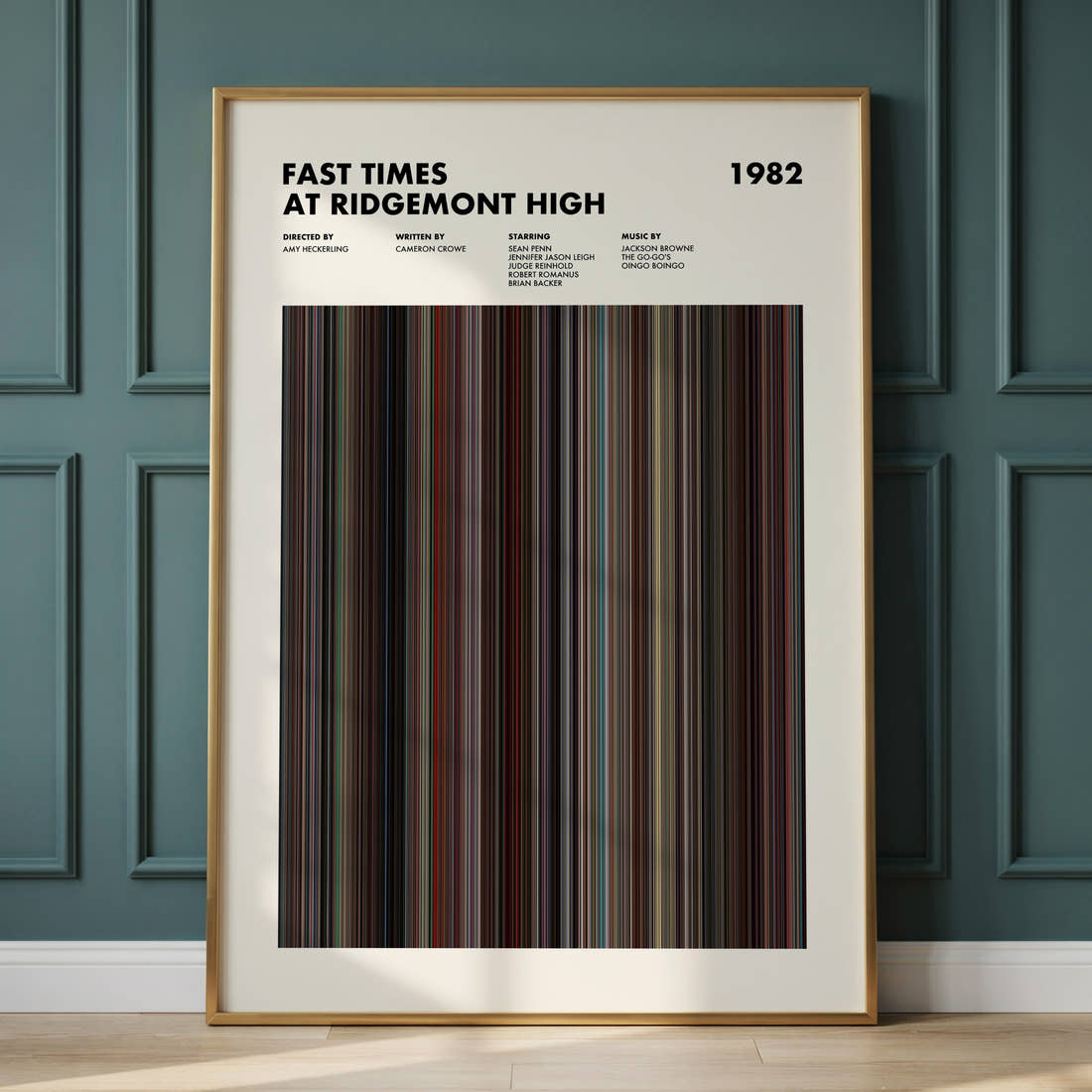 Fast Times At Ridgemont High Movie Barcode Poster framed and leaning against a panelled wall