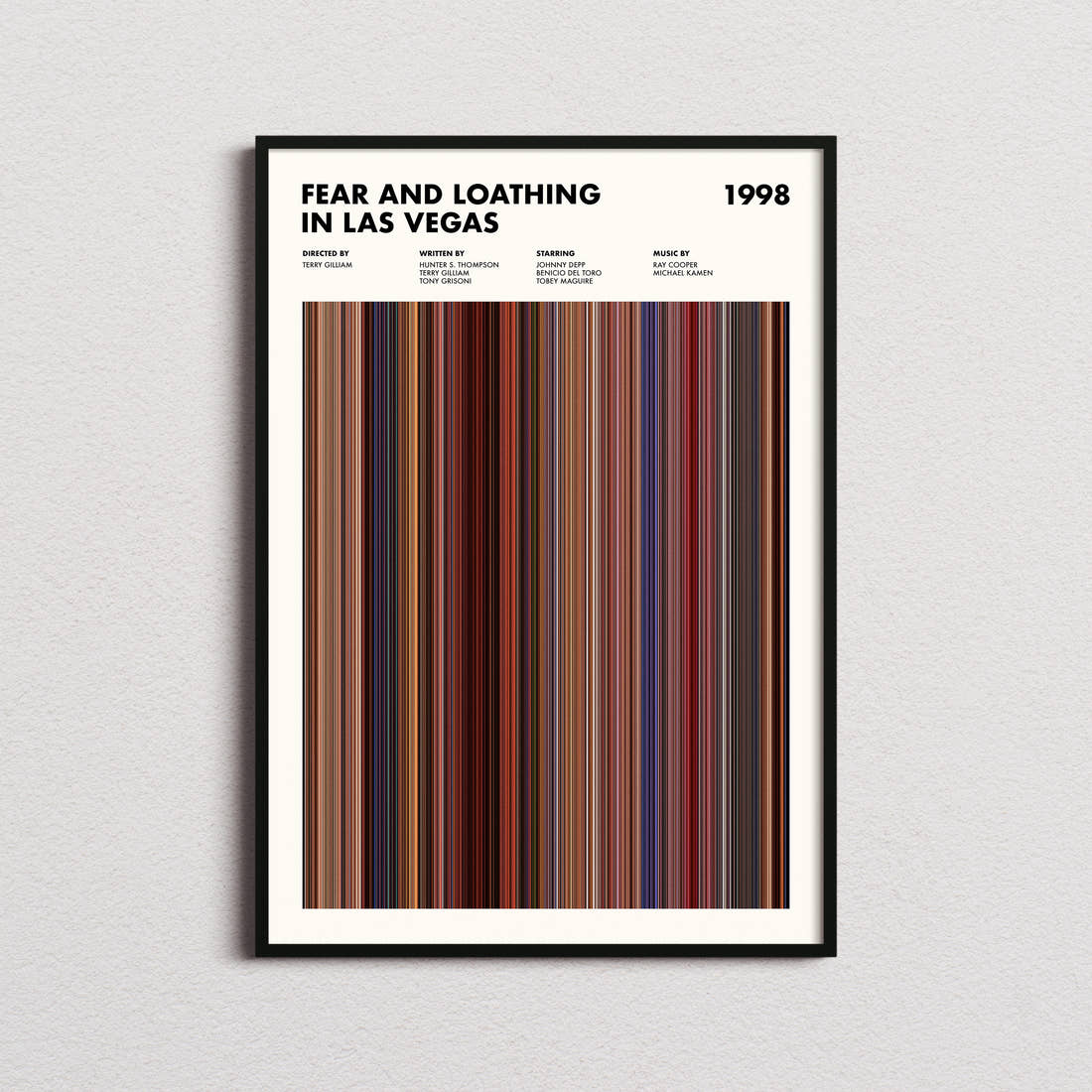 Fear and Loathing in Las Vegas Movie Barcode Poster framed on a plain studio wall