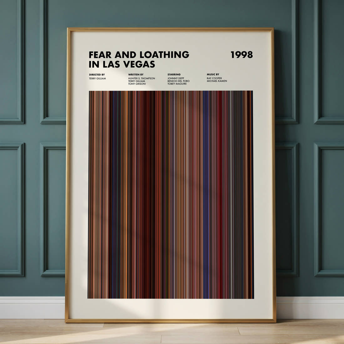 Fear and Loathing in Las Vegas Movie Barcode Poster framed and leaning against a panelled wall