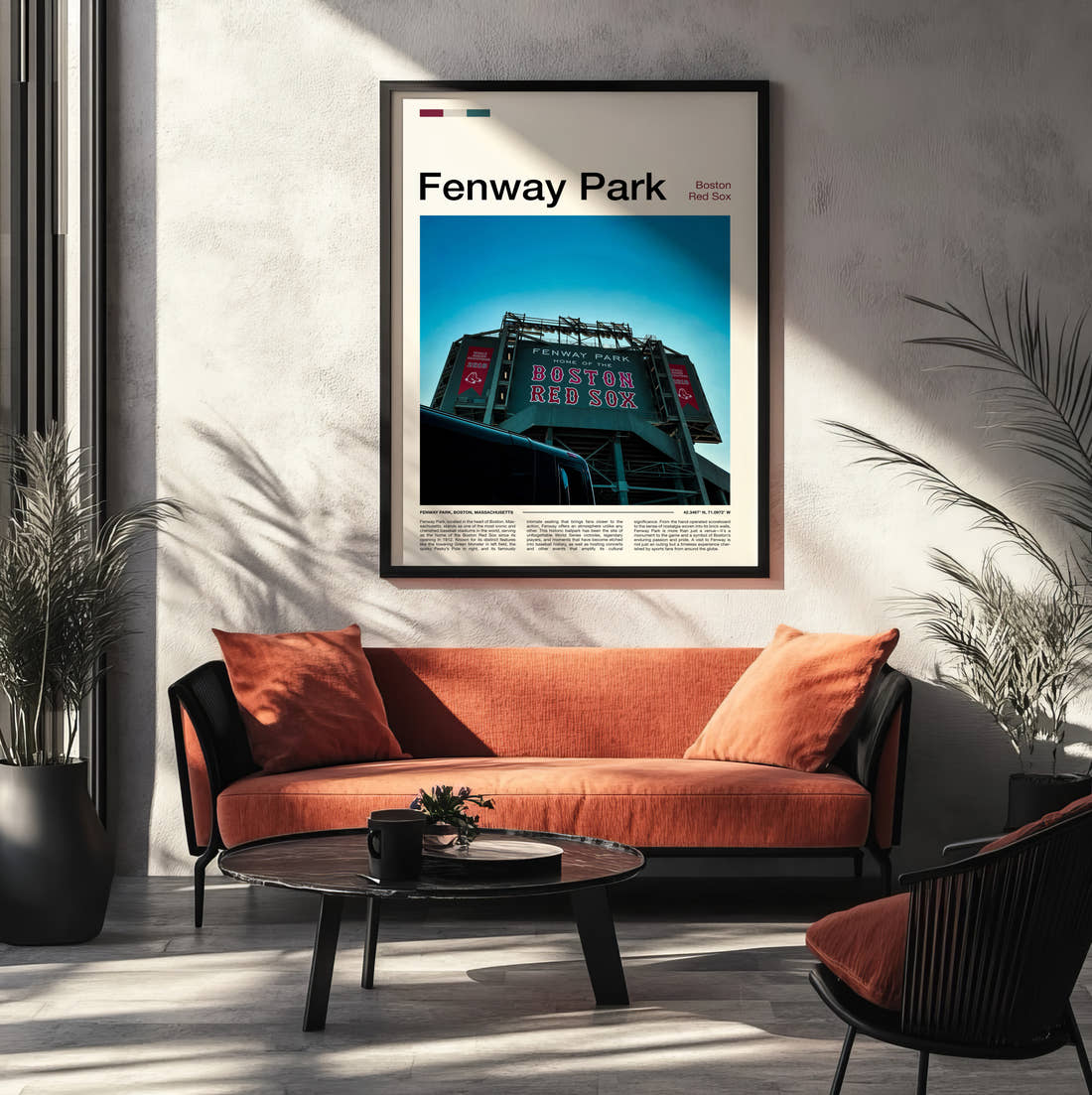 Fenway Park Stadium Print framed on the wall of a modern living room