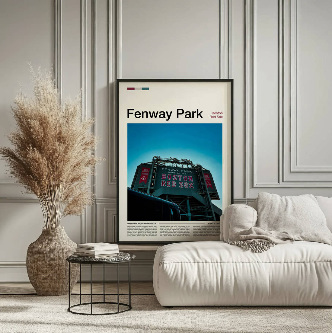 Fenway Park Stadium Print framed on the wall of a calm, neutral bedroom