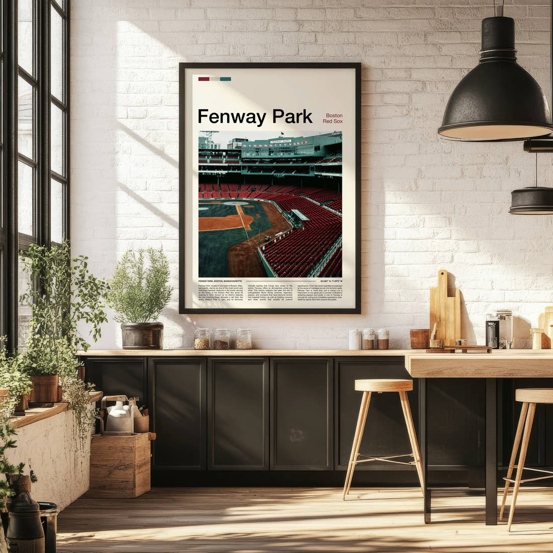 Fenway Park Stadium Print framed on the wall of a bright kitchen and dining space