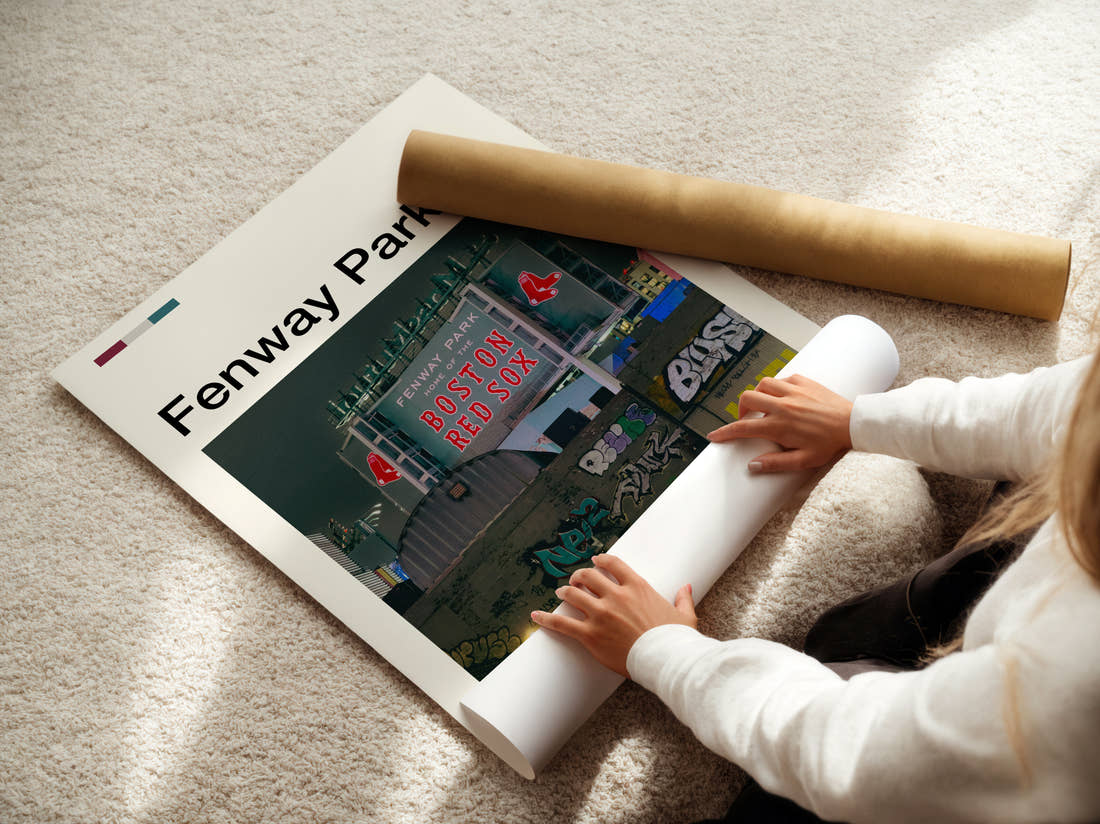 Fenway Park Stadium Print being unrolled from its postal tube