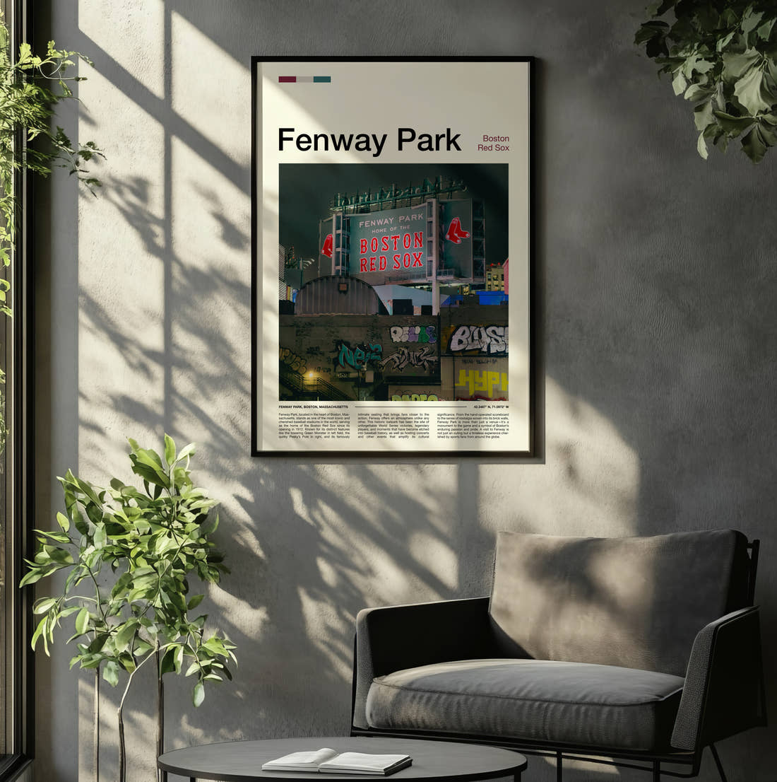 Fenway Park Stadium Print framed on the wall of a relaxed living room