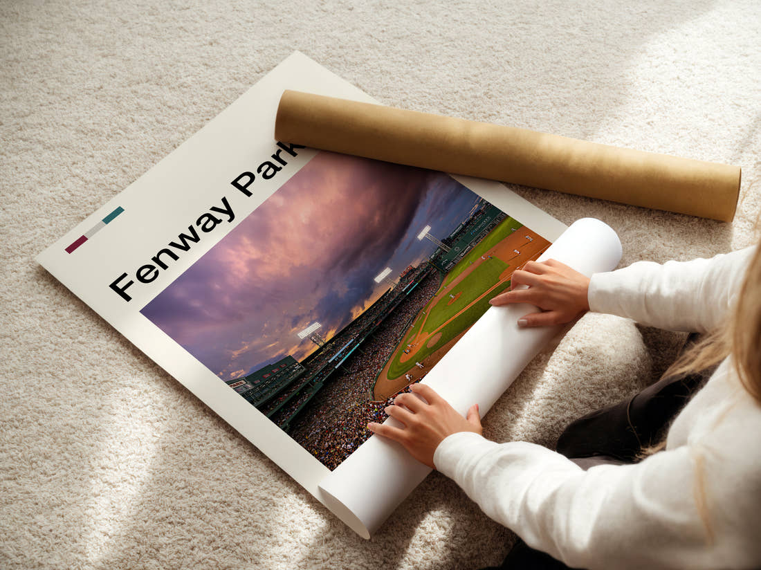 Fenway Park Stadium Print being unrolled from its postal tube
