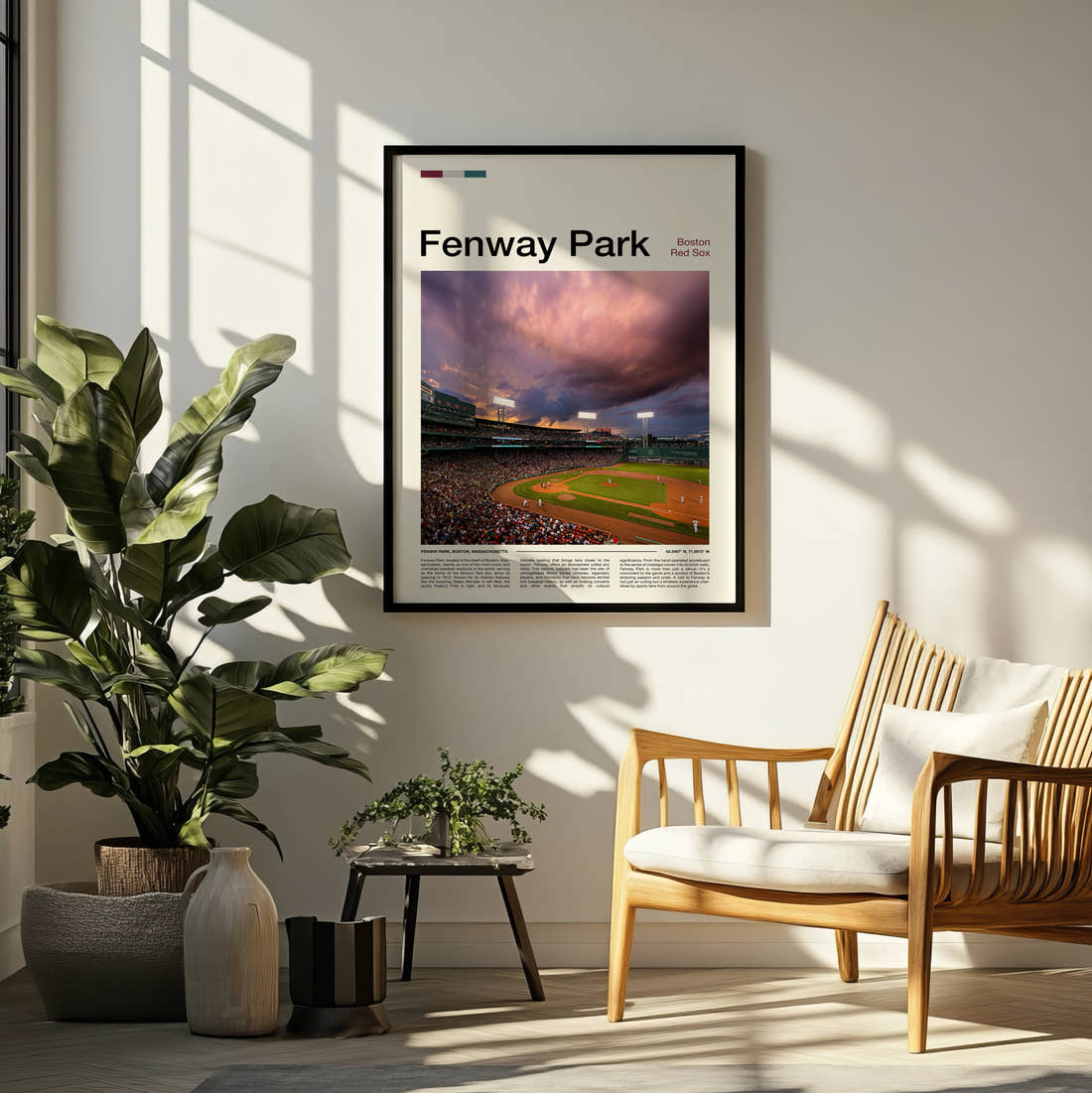 Fenway Park Stadium Print framed on a pale wall beside houseplants