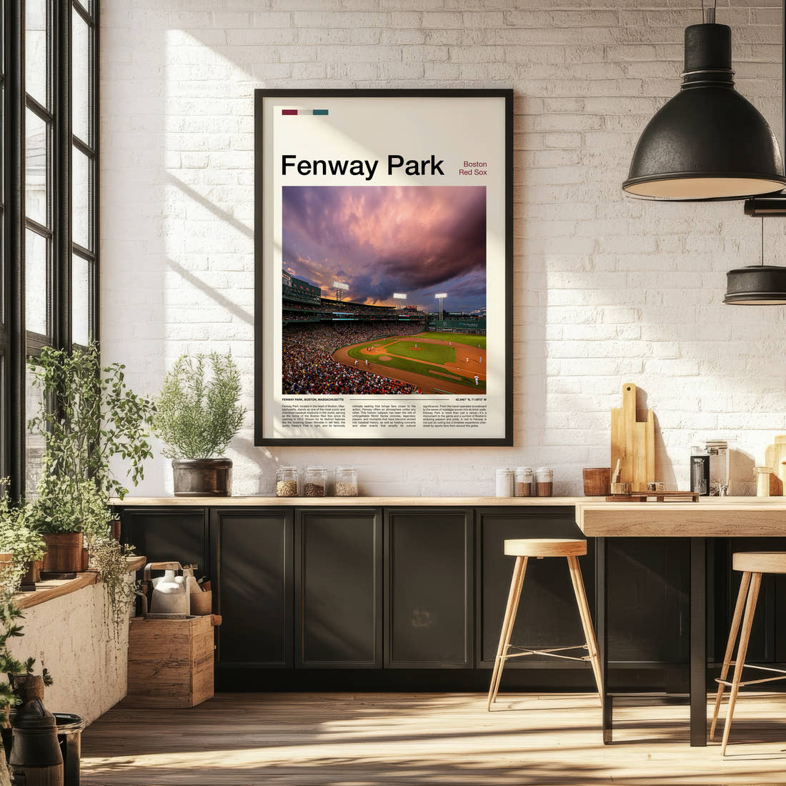 Fenway Park Stadium Print framed on the wall of a bright kitchen and dining space