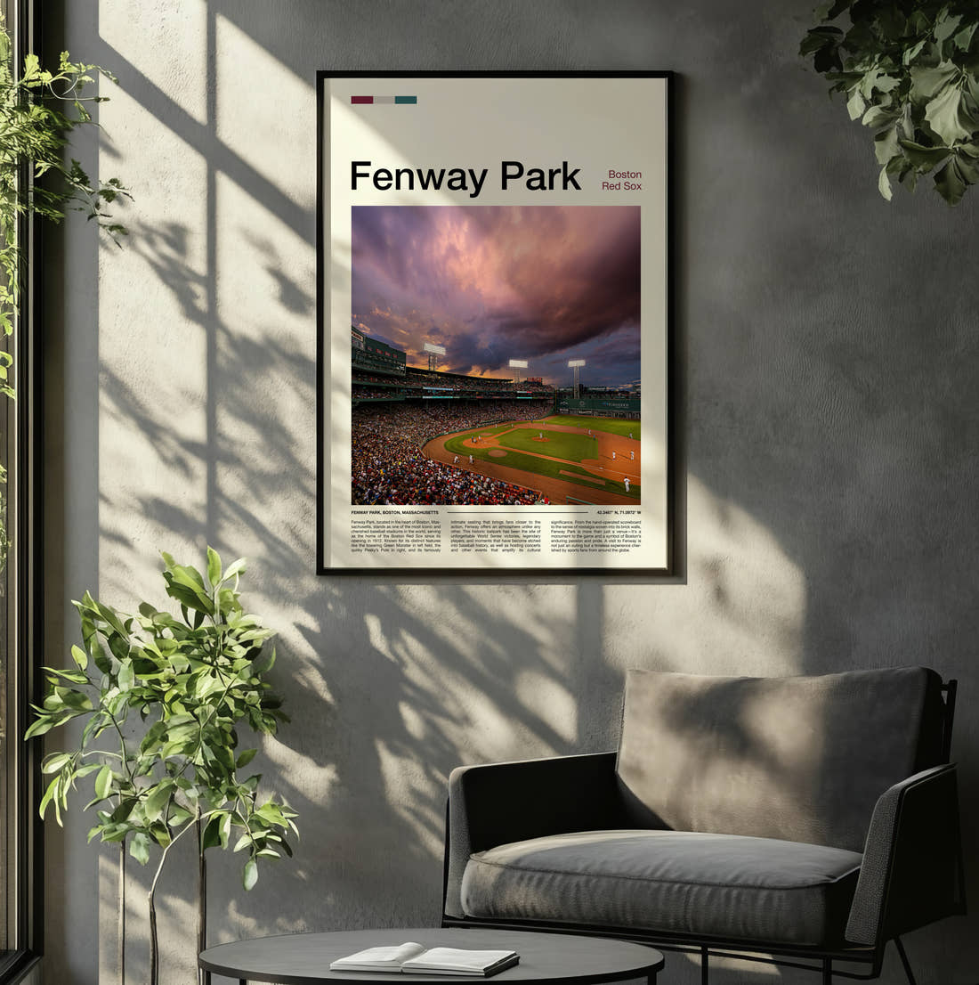 Fenway Park Stadium Print framed on the wall of a relaxed living room