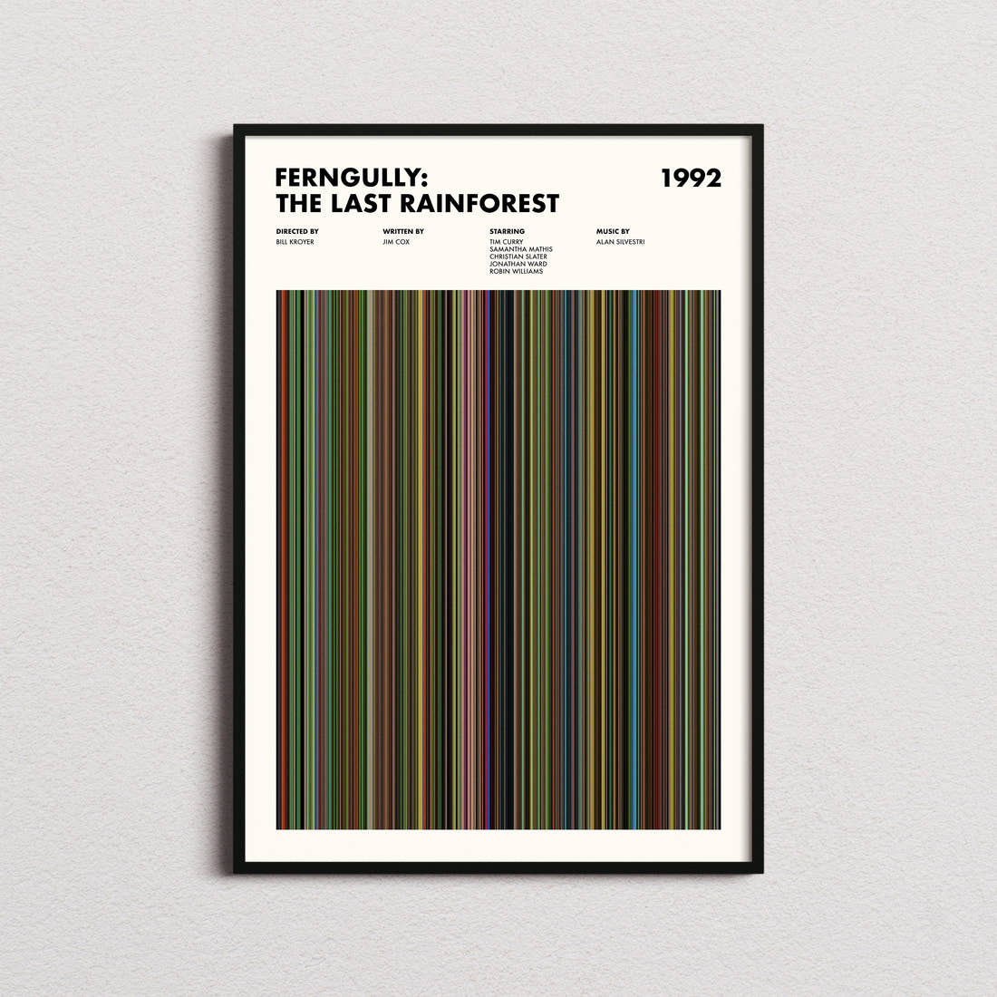 FernGully: The Last Rainforest Movie Barcode Poster framed on a plain studio wall