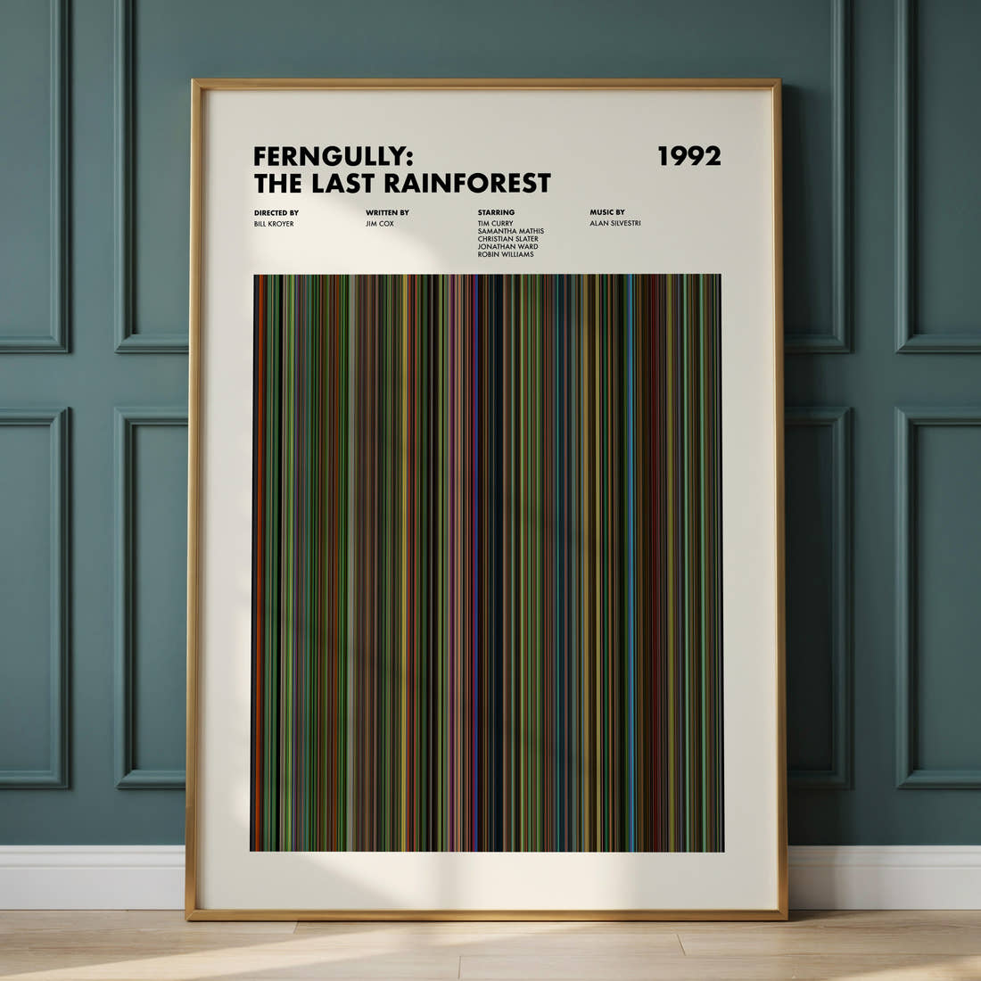 FernGully: The Last Rainforest Movie Barcode Poster framed and leaning against a panelled wall