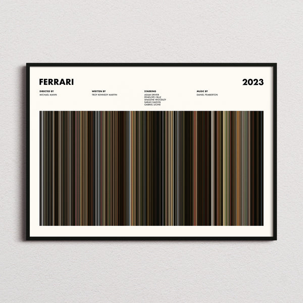 Ferrari Movie Barcode Poster framed and photographed straight on