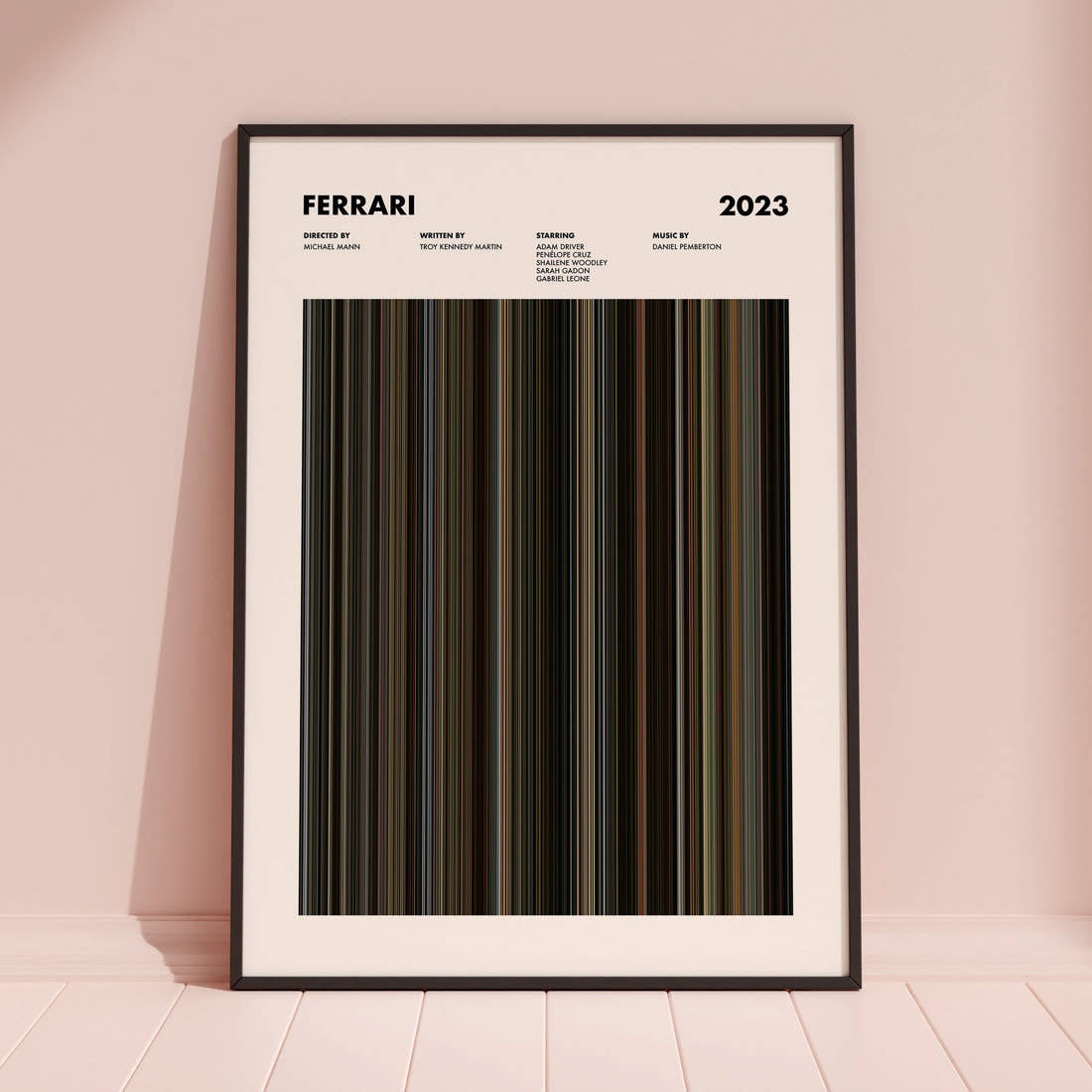 Ferrari Movie Barcode Poster framed and leaning against a coloured wall