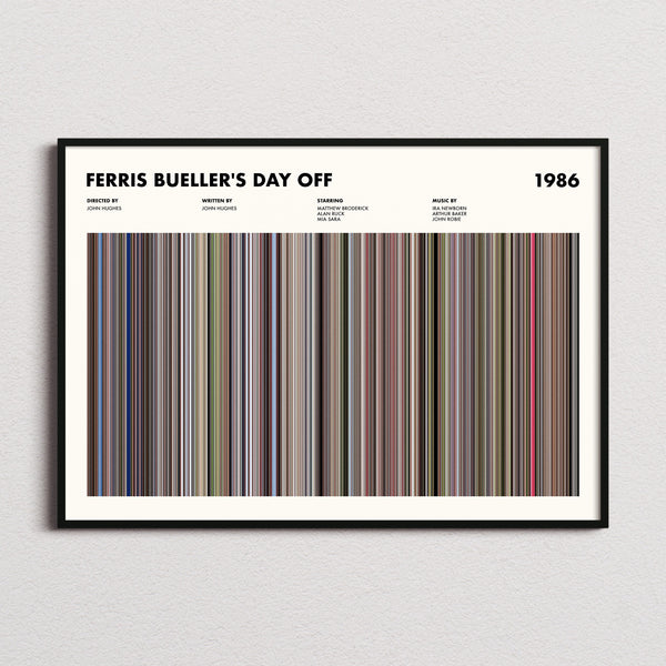 Ferris Bueller's Day Off Movie Barcode Poster framed and photographed straight on