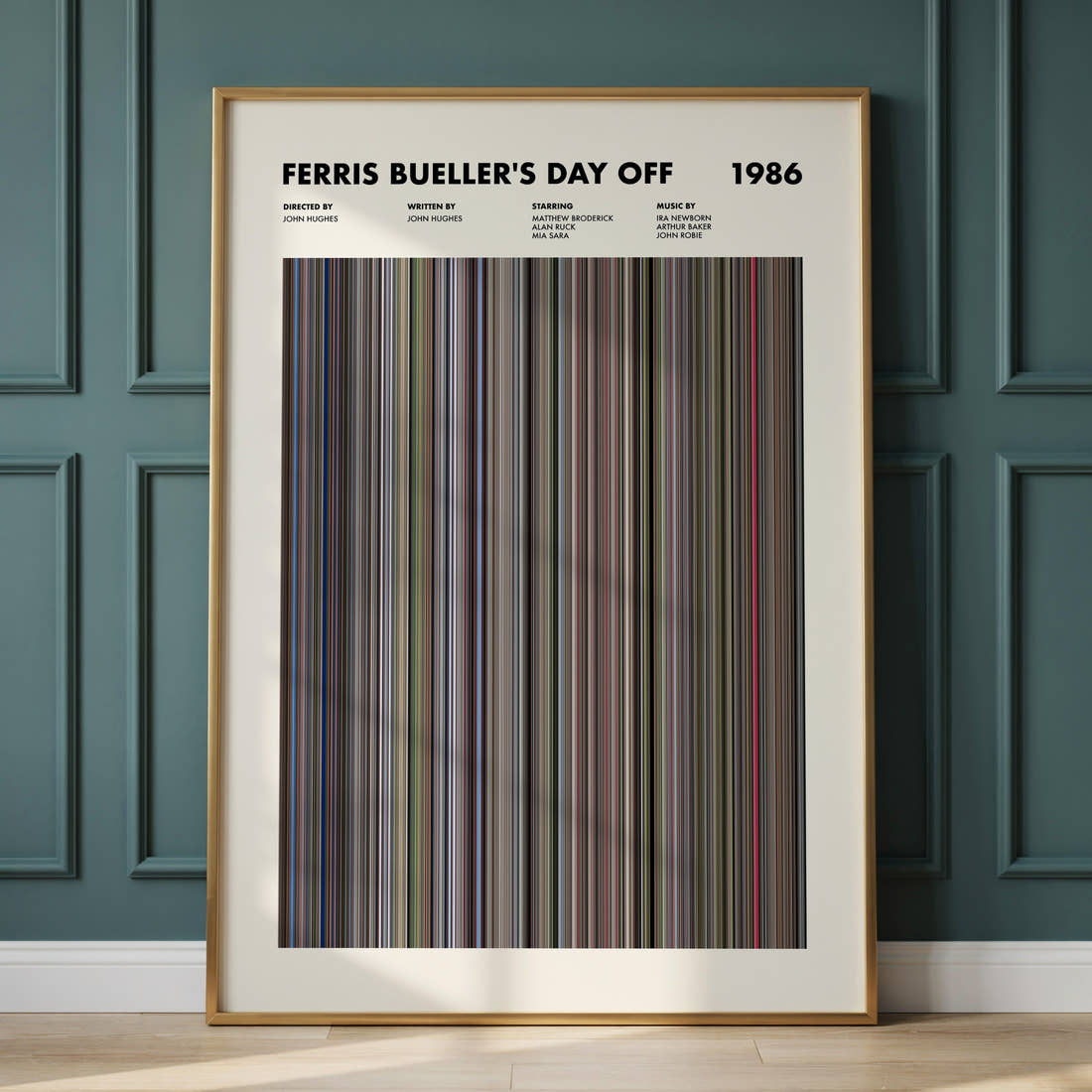 Ferris Bueller's Day Off Movie Barcode Poster framed and leaning against a panelled wall